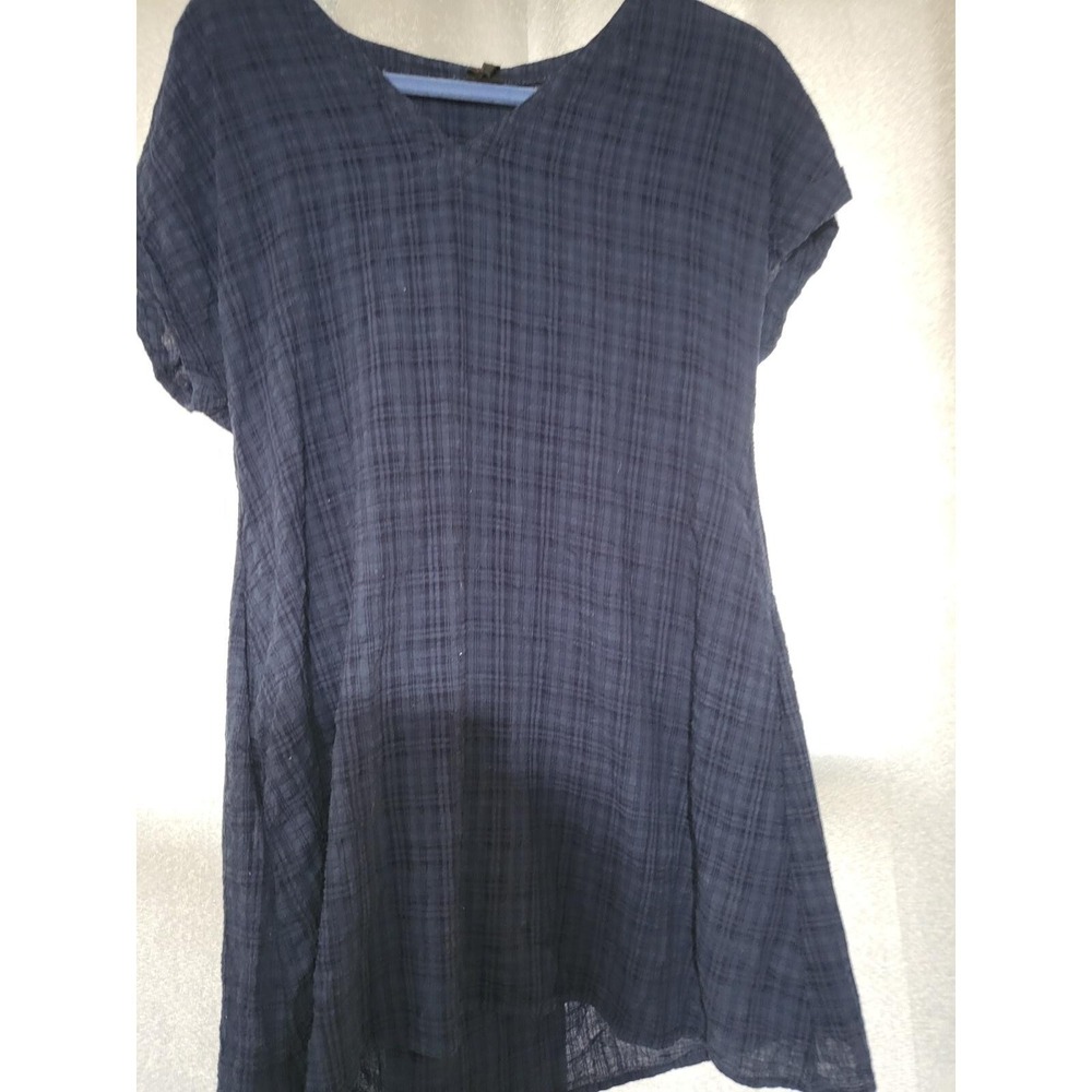 I JOAH Premium Tunic Top Womens Small Navy Blue Plaid Gauze V-Neck Short Sleeve